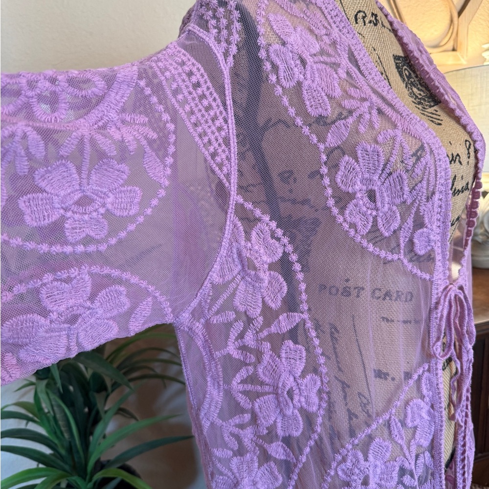 Forgotten Grace Vibrant Lavender Lace Embroidered Floral Sheer Kimono Duster - Picture 7 of 13